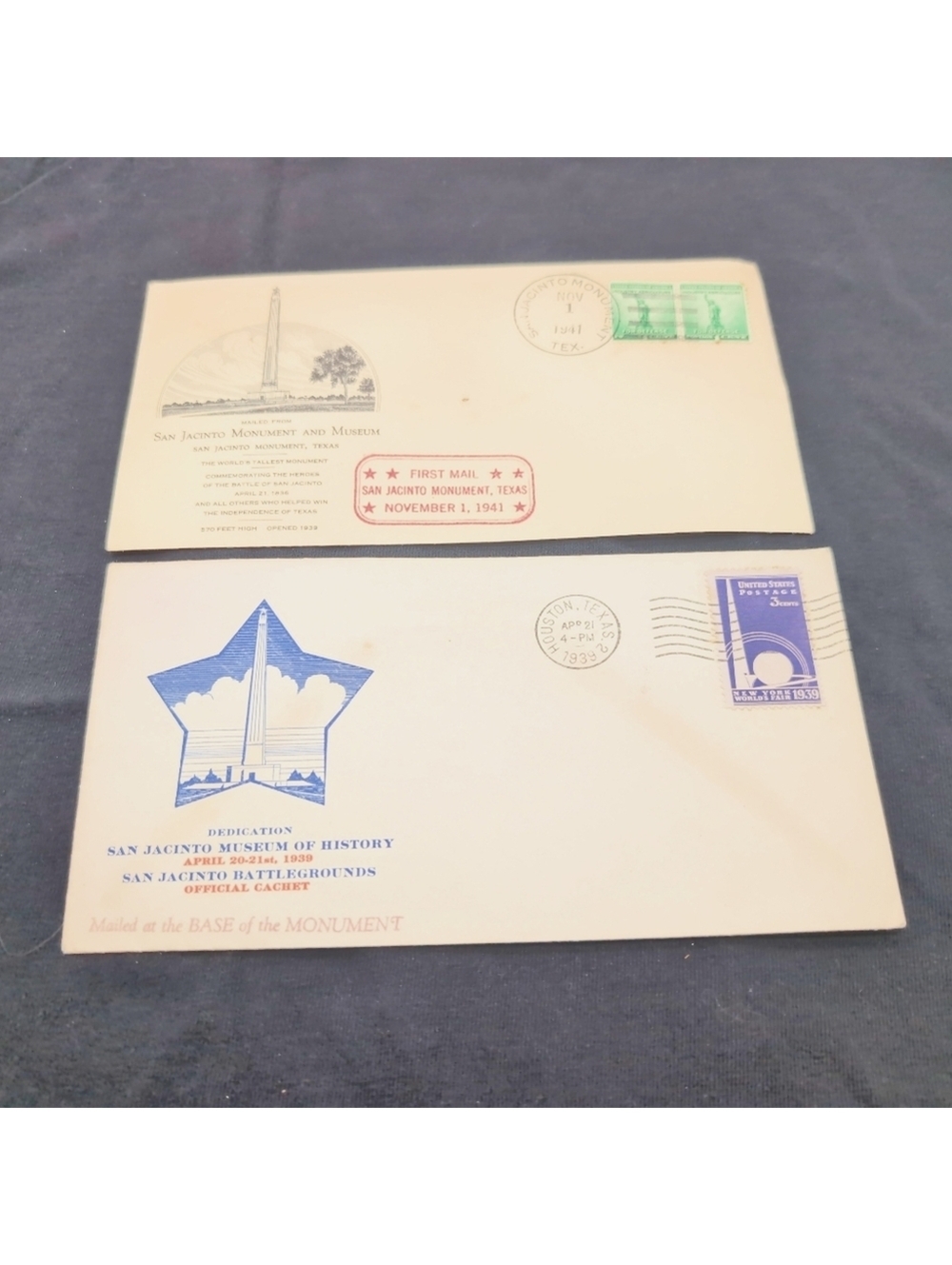 1939 Worlds Fair And 1941 Liberty San Jacinto Monument First Day Issue Envelopes